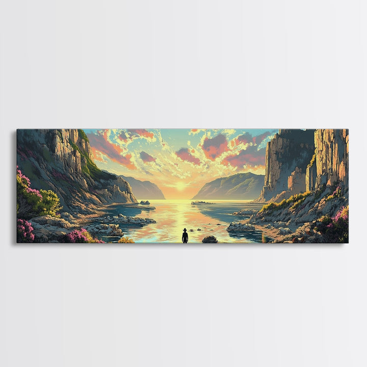 Lone Traveler At Golden Coastal Cliffs Framed Canvas Print, Serene Ocean Landscape, Panoramic Wall Decor For Living Room