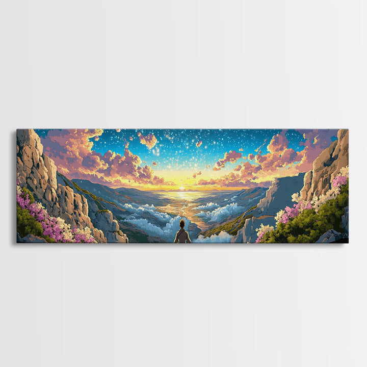 Meditating Figure Over Sunrise Mountain Valley Wall Art, Panoramic Fantasy Landscape Canvas Print For Living Room Decor Gift