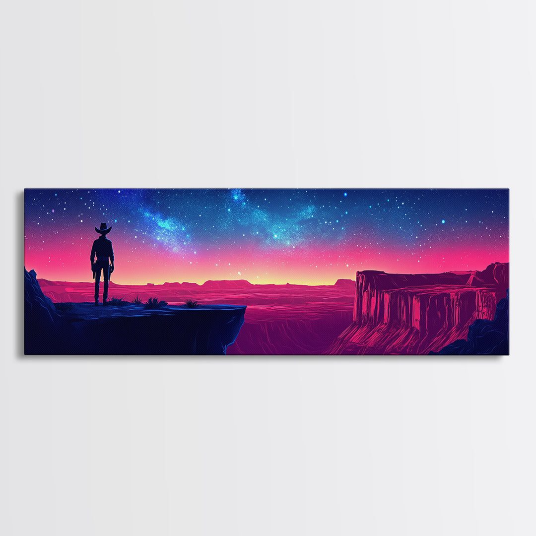 Antlered Traveler On Neon Desert Canyon Wall Art, Starry Night Western Fantasy Canvas Print For Game Room Decor, Housewarming Gift