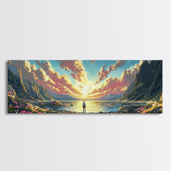 Lone Figure Beside Flowered Alpine Lake Wall Art, Panoramic Mountain Landscape Canvas Print For Bedroom Wall Decor Housewarming Gift