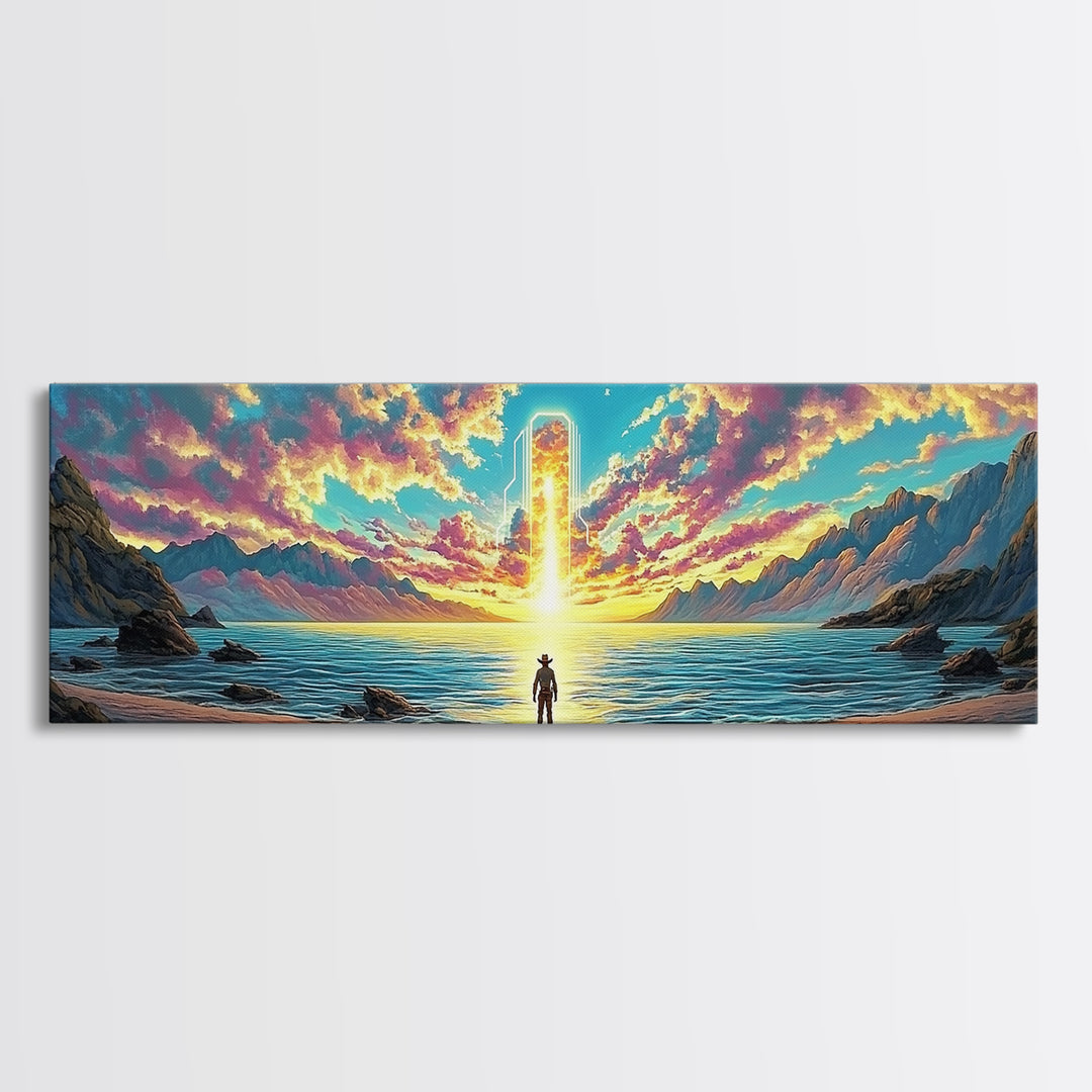 Glowing Portal Over Sunrise Ocean Shore Wall Art, Surreal Mountain Landscape Framed Canvas Print For Modern Living Room Decor