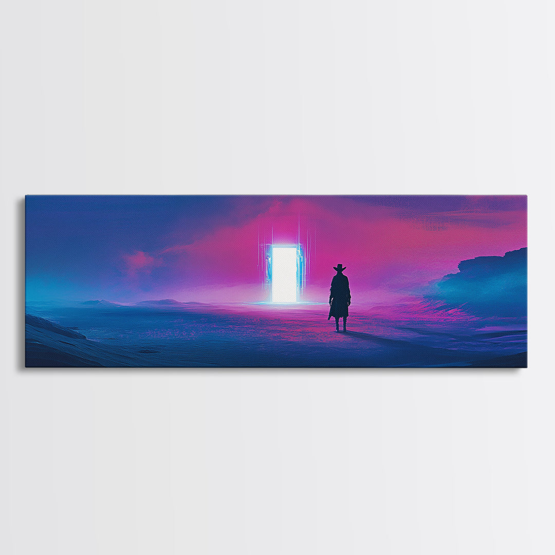Cowboy Silhouette Facing Neon Ocean Portal Wall Art, Cyberpunk Western Landscape Canvas Print For Man Cave Wall Decor Gift