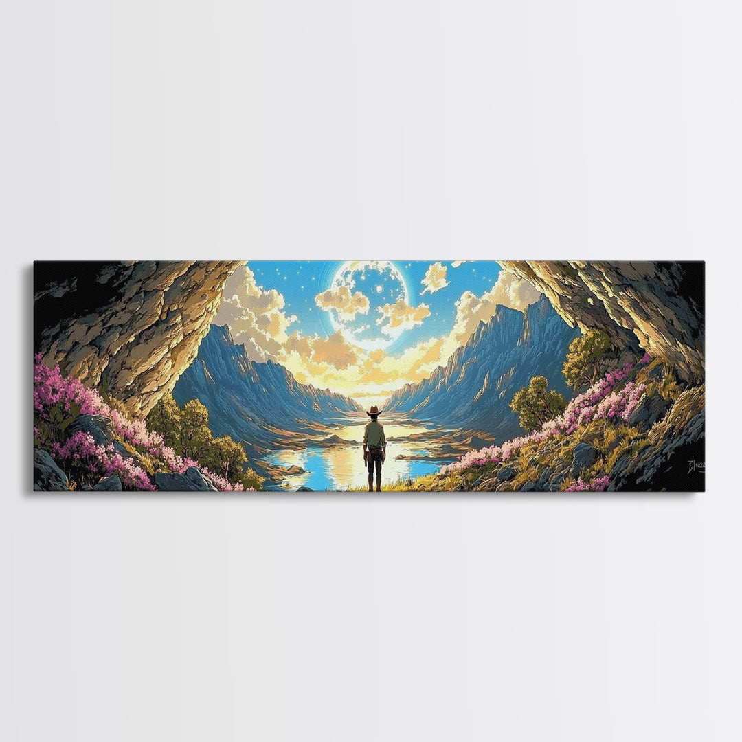 Adventurer In Moonlit Cave Opening Wall Art, Panoramic Alpine Lake Landscape Canvas Print For Fantasy Bedroom Decor Gift