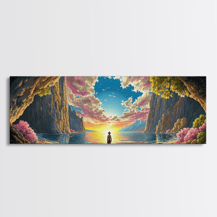 Lone Figure In Sunlit Coastal Cave Wall Art, Dramatic Panoramic Seascape Landscape Canvas Print For Beach House Living Room Decor Gift