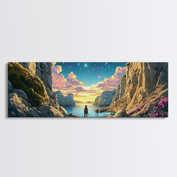 Explorer At Rocky Starlit Sea Cove Large Wall Art, Panoramic Coastal Landscape Canvas Print For Living Room Wall Decor Gift