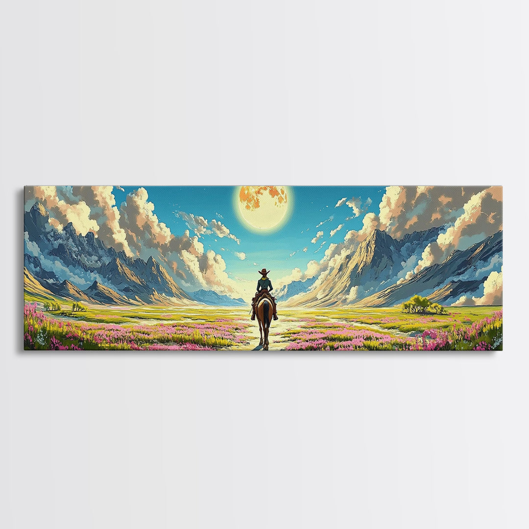 Cowboy Riding Through Moonlit Flower Valley Wall Art, Western Mountain Landscape Framed Canvas Print For Rustic Home Decor Gift