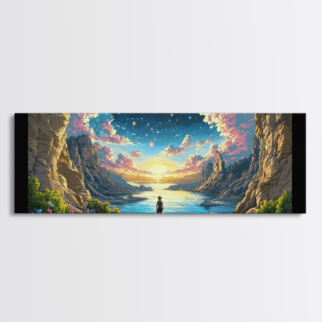 Starry Canyon Lake Cowboy Wall Art, Western Landscape Canvas Print, Sci Fi Desert Decor, Panoramic Living Room Art, Home Decor