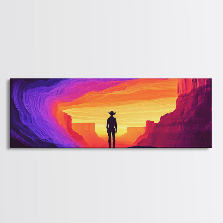 Neon Sunset Cowboy Canyon Wall Art, Western Desert Canvas Print, Vibrant Southwestern Decor, Panoramic Man Cave Art, Home Decor