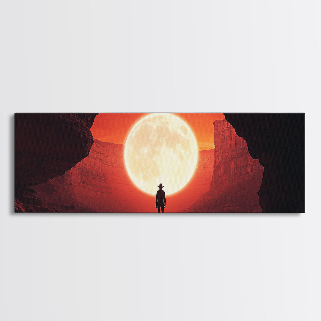 Full Moon Cowboy Cave Wall Art, Red Desert Framed Canvas Print, Western Sci Fi Decor, Panoramic Bedroom Wall Decor, Home Decor