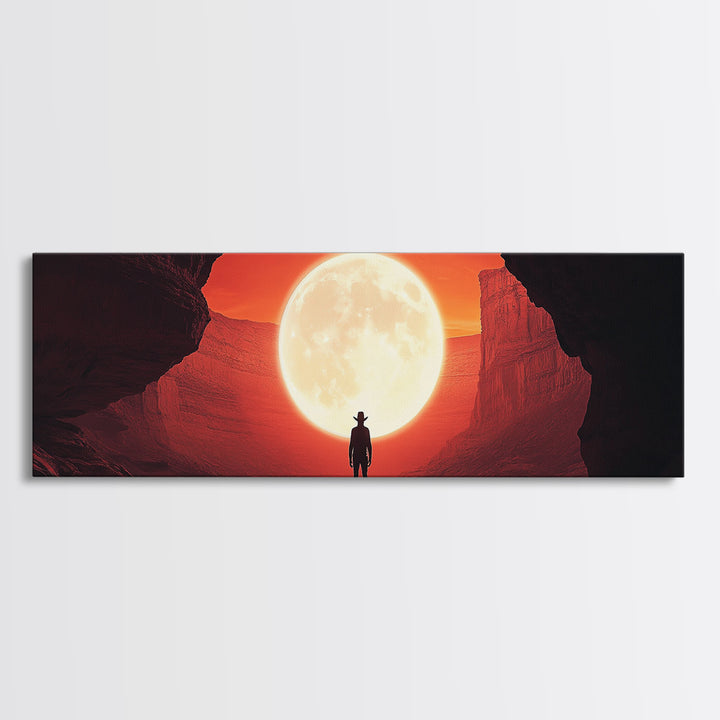 Full Moon Cowboy Cave Wall Art, Red Desert Framed Canvas Print, Western Sci Fi Decor, Panoramic Bedroom Wall Decor, Home Decor