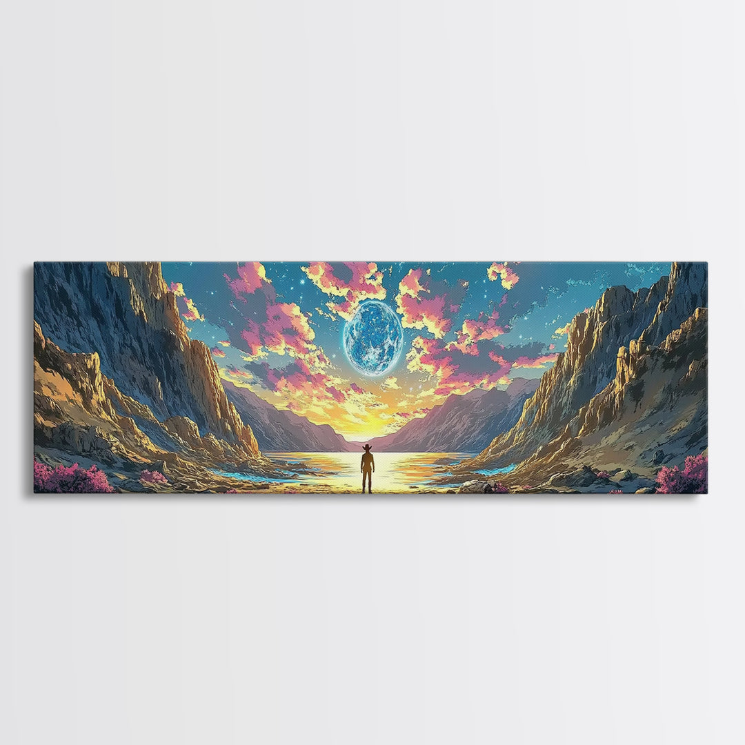 Alien Moon Mountain Valley Wall Art, Fantasy Landscape Canvas Print, Celestial Sci Fi Decor, Panoramic Living Room Art, Home Decor