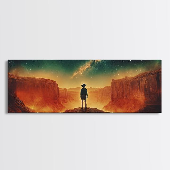 Milky Way Canyon Cowboy Wall Art, Western Desert Canvas Print, Sci Fi Night Sky Decor, Panoramic Office Decor Living Room Art