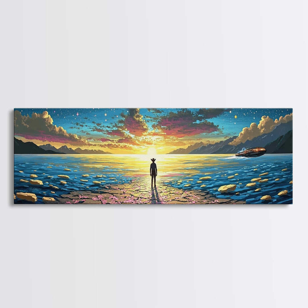 Starry Ocean Horizon Cowboy Wall Art, Coastal Sci Fi Canvas Print, Blue Seascape Decor, Panoramic Fantasy Landscape Art, Home Decor
