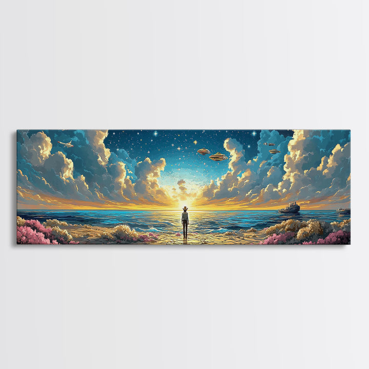 Ufo Seaside Sunrise Cowboy Wall Art, Coastal Sci Fi Canvas Print, Starry Ocean Decor, Panoramic Fantasy Living Room Art, Home Decor