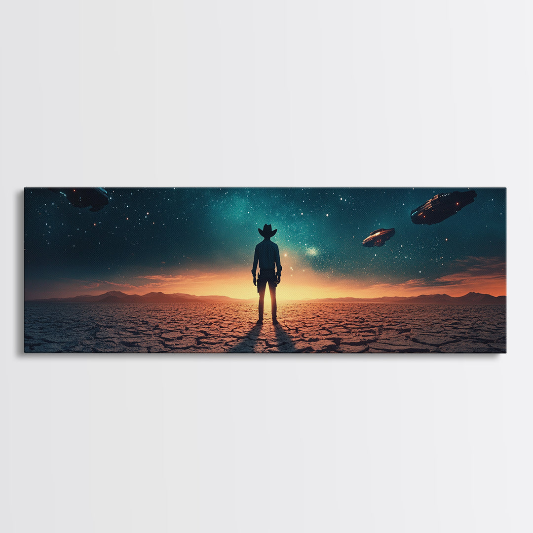 Ufo Desert Wanderer Cowboy Wall Art, Sci Fi Western Canvas Print, Alien Landscape Decor, Panoramic Man Cave Office Art, Home Decor
