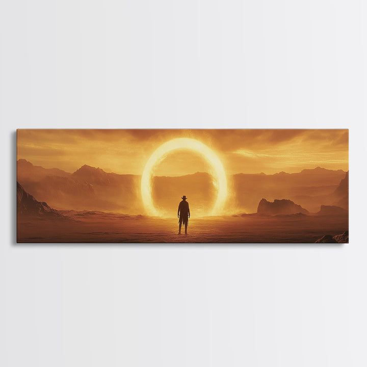 Golden Eclipse Cowboy Desert Wall Art, Western Sci Fi Canvas Print, Surreal Landscape Decor, Panoramic Living Room Art, Home Decor