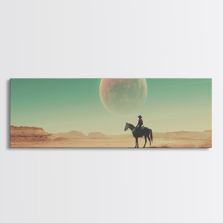 Lone Cowboy Under Giant Moon Wall Art, Western Desert Landscape Canvas, Panoramic Southwestern Decor, Living Room Decor, Gift For Him