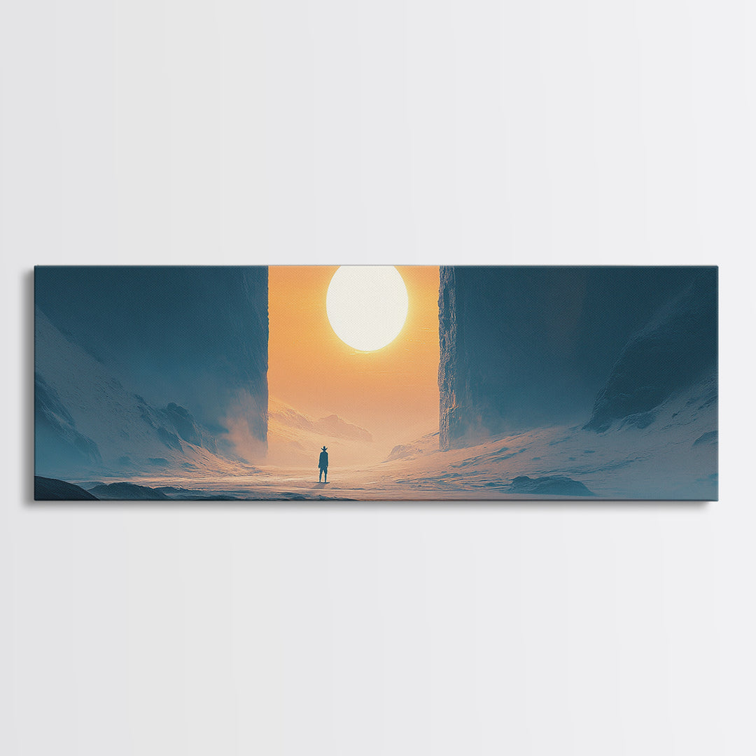 Solitary Figure Before Giant Sun Canvas Print, Futuristic Icy Landscape Wall Decor, Sci Fi Minimalist Art, Modern Office Decor