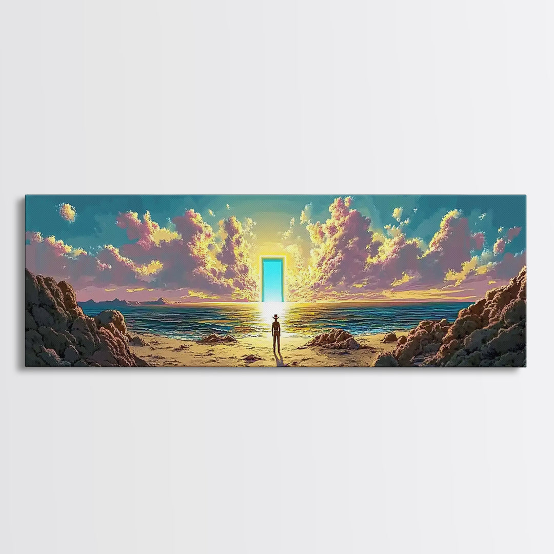 Glowing Doorway On Rocky Beach Wall Art, Surreal Ocean Sunset Canvas, Coastal Fantasy Decor, Mystical Living Room Art Print