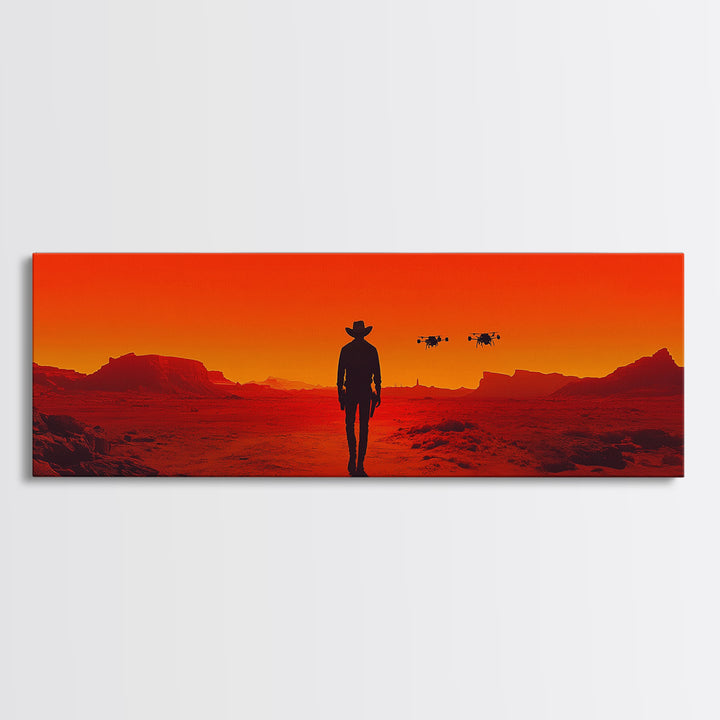 Cowboy Silhouette In Red Desert Sunset Wall Art, Western Sci Fi Landscape Canvas, Bold Southwestern Decor For Man Cave Wall Decor