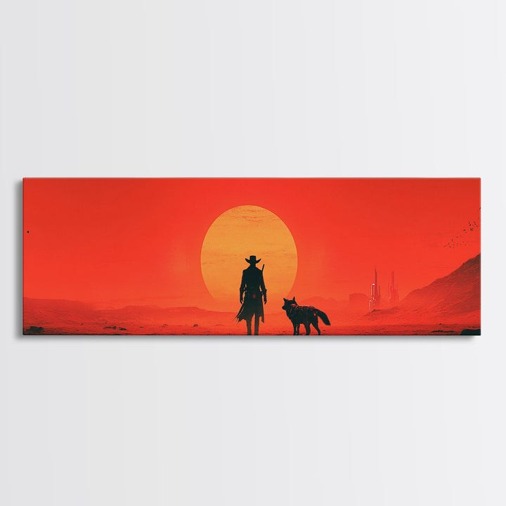Red Sci Fi Cowboy And Dog Sunset Wall Art, Western Desert Landscape, Futuristic Dystopian Decor, Large Man Cave Gift Print