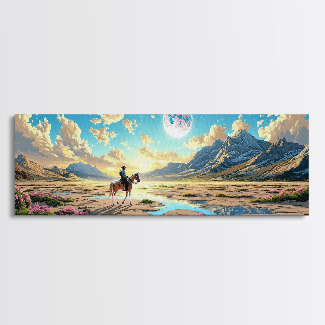 Lone Horse Rider Under Moon Canvas Print, Mountain Landscape Art, Western Wall Decor, Large Living Room Home Decor Gift Print