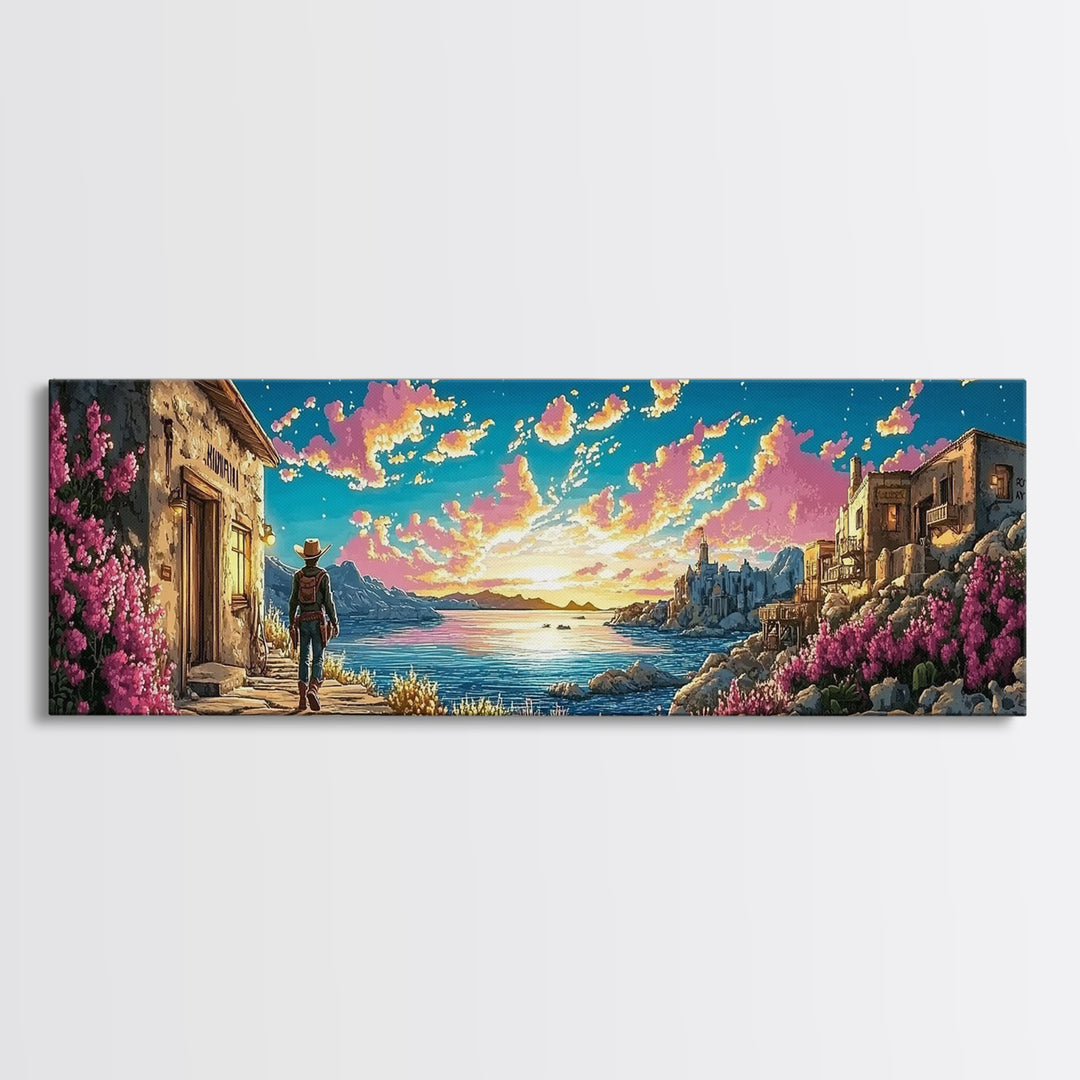 Cowboy Walking Through Coastal Village Wall Art, Mediterranean Seascape Print, Colorful Travel Poster, Living Room Decor