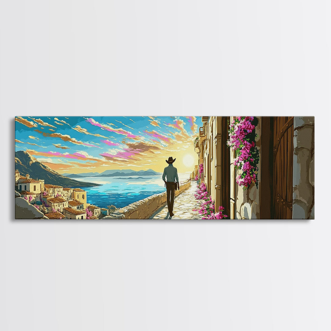 Sunlit Mediterranean Terrace Canvas Print, Coastal Village Wall Art, Italy Travel Poster, Beach House Living Room Decor Gift