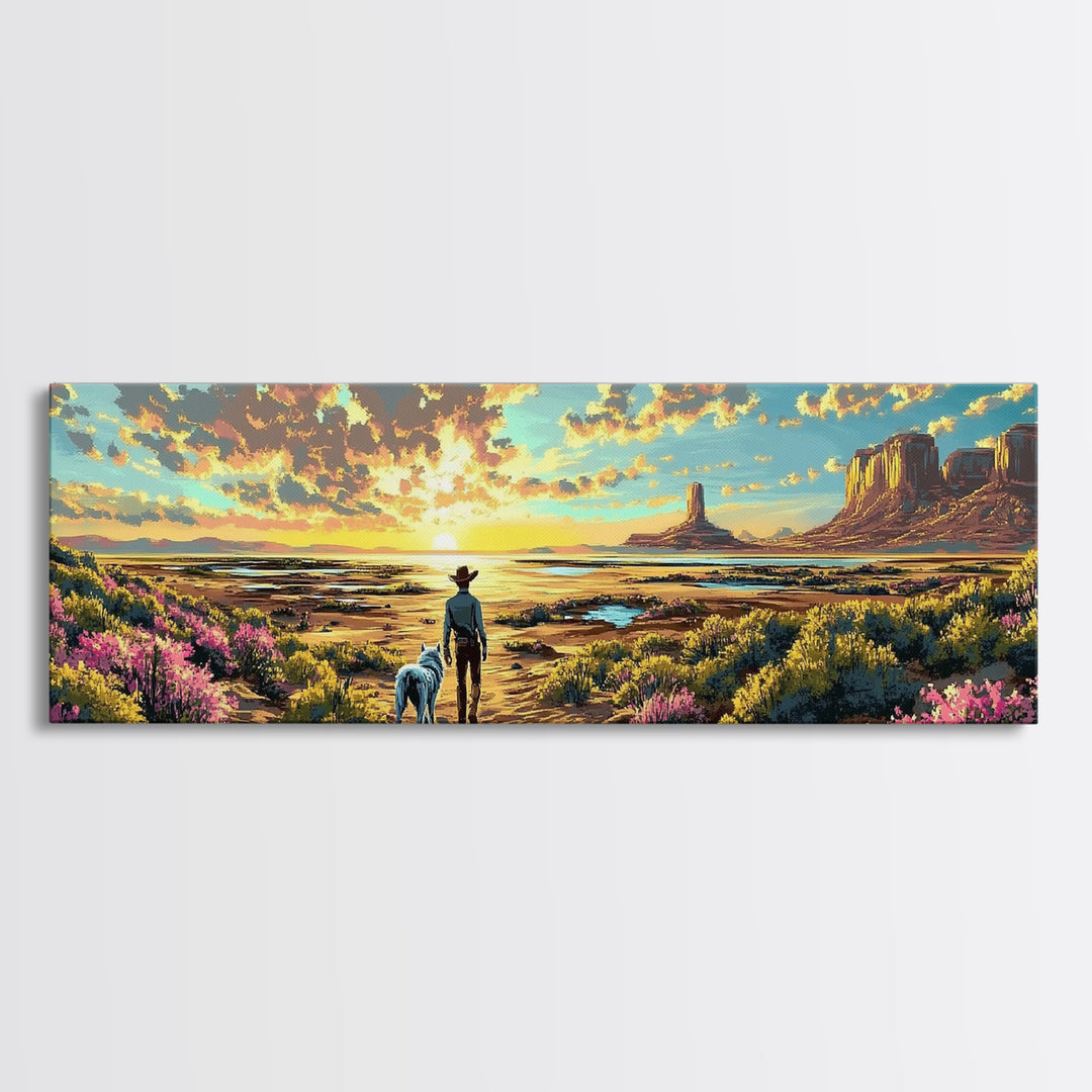Cowboy And Dog Desert Sunset Framed Canvas Print, Western Landscape Art, Wildflower Wall Decor, Large Home Decor Gift Print