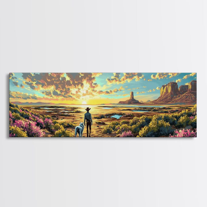 Cowboy And Dog Desert Sunset Framed Canvas Print, Western Landscape Art, Wildflower Wall Decor, Large Home Decor Gift Print
