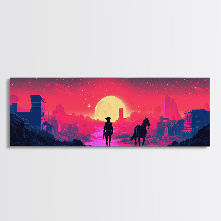 Neon Cowboy And Horse Dystopian City Wall Art, Cyberpunk Sunset Landscape, Sci Fi Poster, Large Gaming Room Decor Gift Print