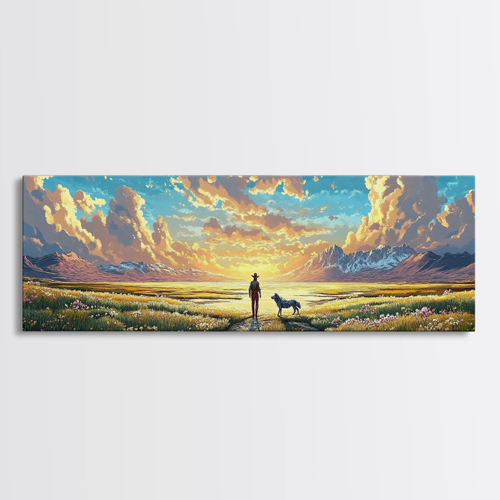 Lone Cowboy And Dog Wildflower Prairie Canvas Print, Mountain Landscape Wall Art, Western Home Decor, Housewarming Gift Print