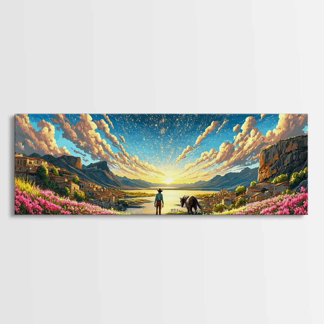 Starry Coastal Valley Rider Wall Art, Horse And Wildflower Landscape, Mediterranean Travel Poster, Large Living Room Decor
