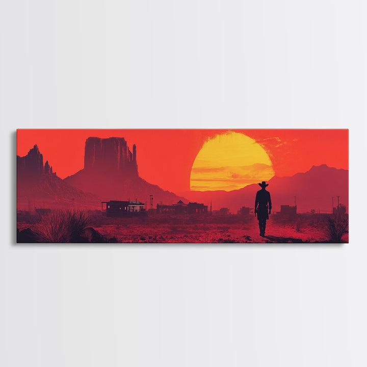 Red Western Cowboy Sunset Canvas Print, Desert Mesa Landscape Wall Art, Rustic Southwest Decor, Large Man Cave Gift Print