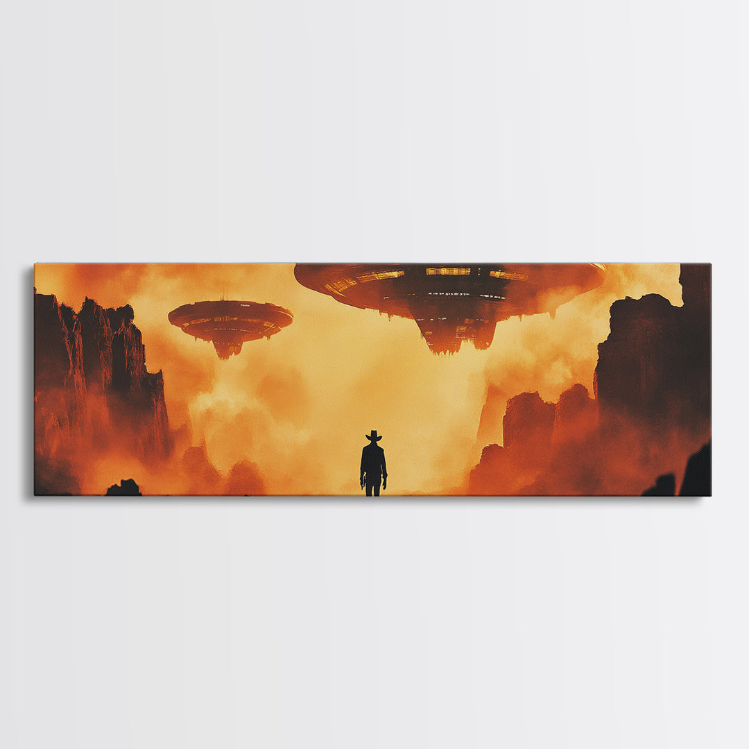 Cowboy Facing Giant UFOs Framed Canvas Print, Sci Fi Desert Canyon Wall Art, Dystopian Western Poster, Man Cave Decor Gift Print