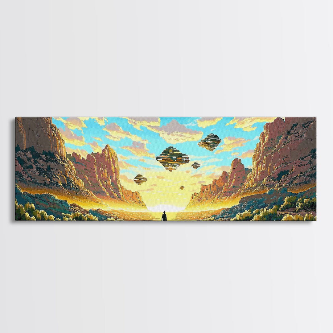 Alien Canyon Explorer With UFOs Canvas Print, Panoramic Sci Fi Desert Landscape Wall Art For Gaming Room Decor And Office Decor