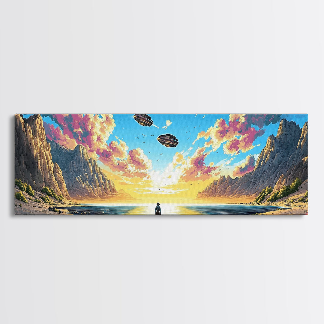Pastel Alien Coast With UFOs Framed Canvas Print, Panoramic Sci Fi Ocean Landscape Wall Art For Beach House Decor And Living Room Decor