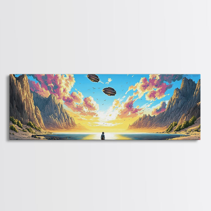 Pastel Alien Coast With UFOs Framed Canvas Print, Panoramic Sci Fi Ocean Landscape Wall Art For Beach House Decor And Living Room Decor
