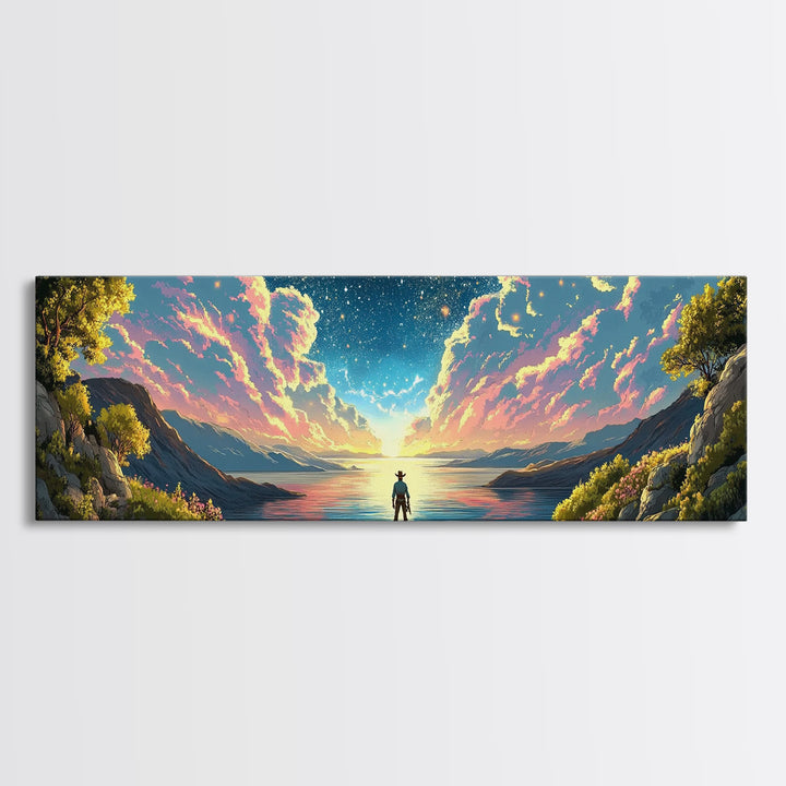 Starlit Lake Explorer Under Pink Clouds Canvas Print, Panoramic Celestial Landscape Wall Art For Dreamy Bedroom Decor And Office Decor