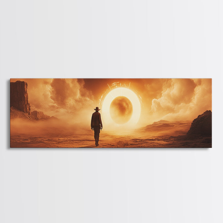Surreal Desert Eclipse Cowboy Framed Canvas Print, Cinematic Western Landscape Wall Art For Man Cave Decor And Office Decor