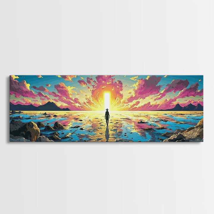Vibrant Ocean Sunrise Explorer Canvas Print, Panoramic Sci Fi Seascape Wall Art For Coastal Bedroom Decor And Living Room