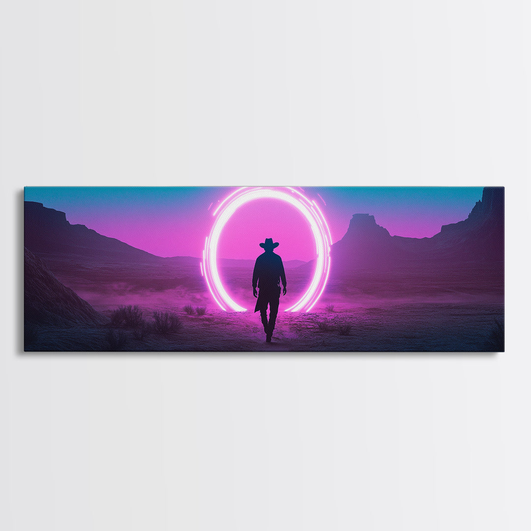 Neon Portal Cowboy In Purple Desert Framed Canvas Print, Synthwave Western Wall Art For Gaming Room Decor And Man Cave Decor