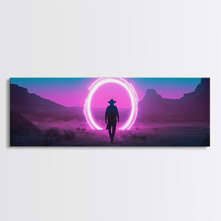 Neon Portal Cowboy In Purple Desert Framed Canvas Print, Synthwave Western Wall Art For Gaming Room Decor And Man Cave Decor