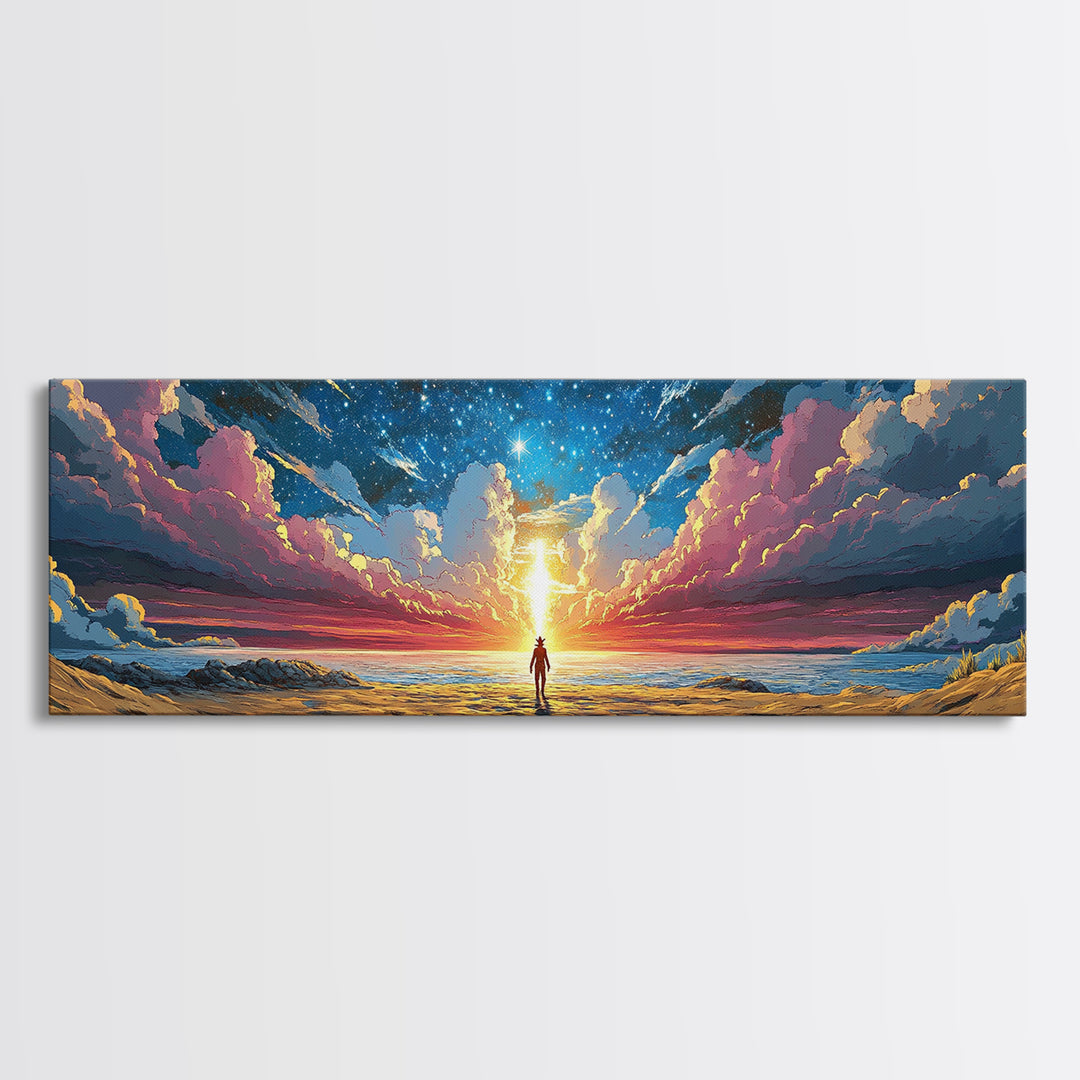 Cosmic Beach Explorer Beneath Starry Sky Canvas Print, Panoramic Sci Fi Seascape Wall Art For Space Lover Decor And Bedroom Decor