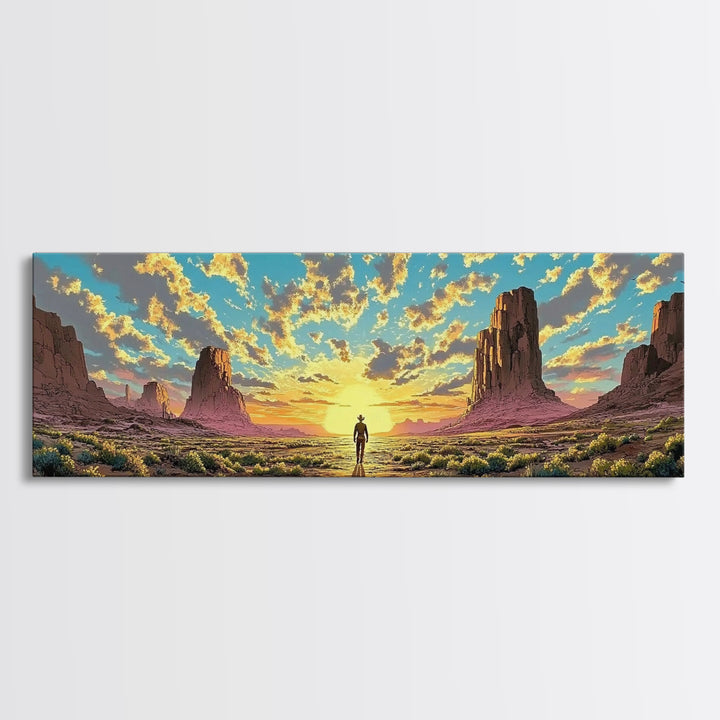 Monument Valley Cowboy At Sunrise Canvas Print, Panoramic Southwestern Desert Landscape Wall Art For Rustic Home Decor And Office Decor