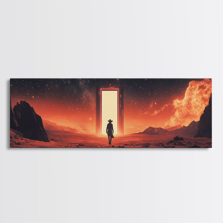 Glowing Portal In Red Desert, Lone Traveler Under Starry Sky, Sci Fi Western Canvas Print, Space Wall Art, Futuristic Decor