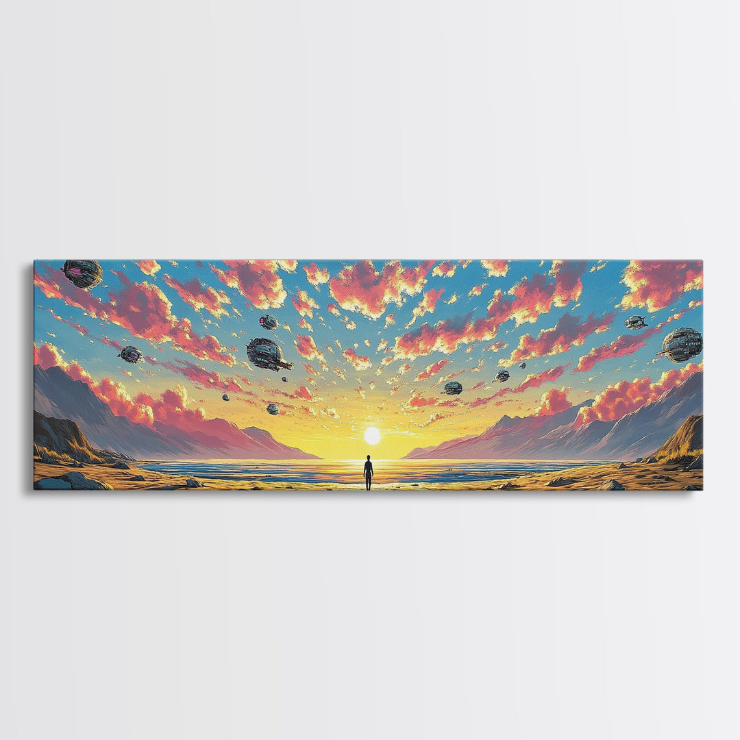 Pastel Alien Ships Over Sunset Shore, Lone Figure At Ocean Horizon, Sci Fi Wall Art, Coastal Canvas Print, Futuristic Decor