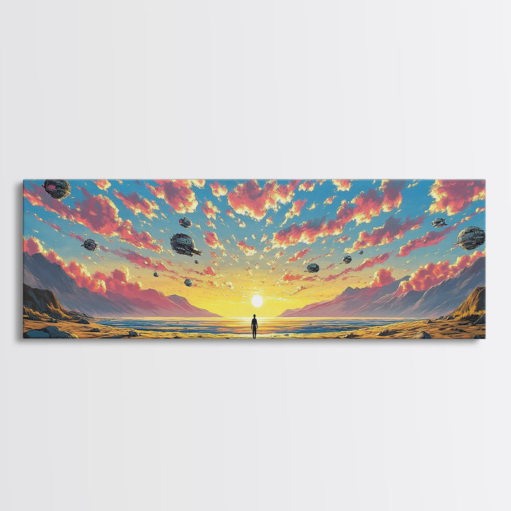 Pastel Alien Ships Over Sunset Shore, Lone Figure At Ocean Horizon, Sci Fi Wall Art, Coastal Canvas Print, Futuristic Decor