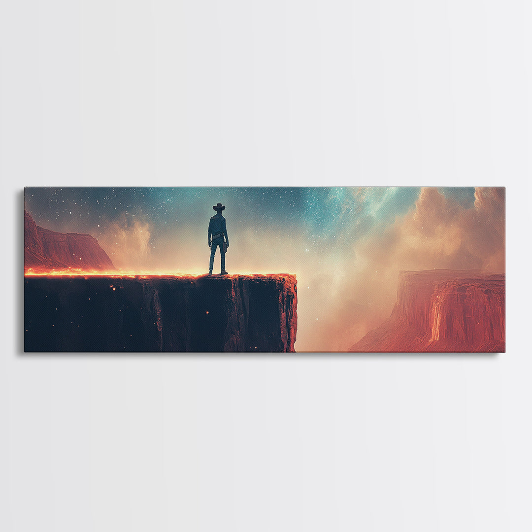 Cowboy On Glowing Canyon Cliff, Starry Teal Sky And Red Desert, Western Wall Art, Panoramic Canvas Print, Man Cave Decor