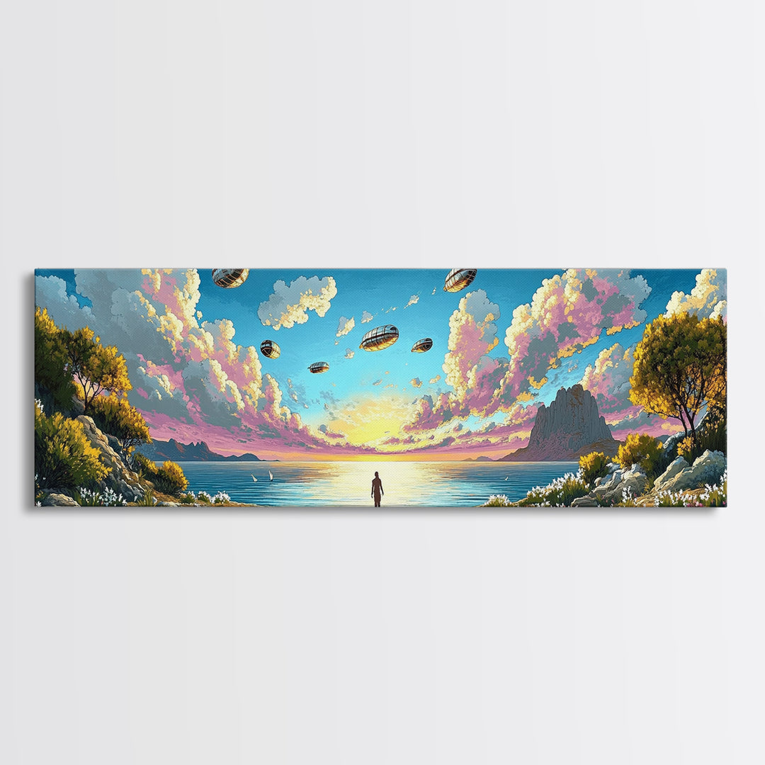 Alien Airships Above Flowered Coast, Lone Figure By Blue Sea, Whimsical Sci Fi Wall Art, Coastal Framed Canvas Print, Home Decor